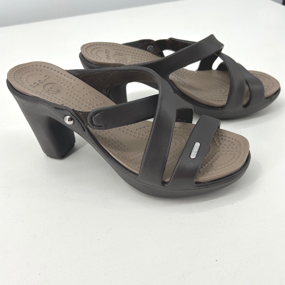 Crocs Cyprus IV Espresso Brown Strappy Heeled Sandals Womens 7 Block Heel Slide